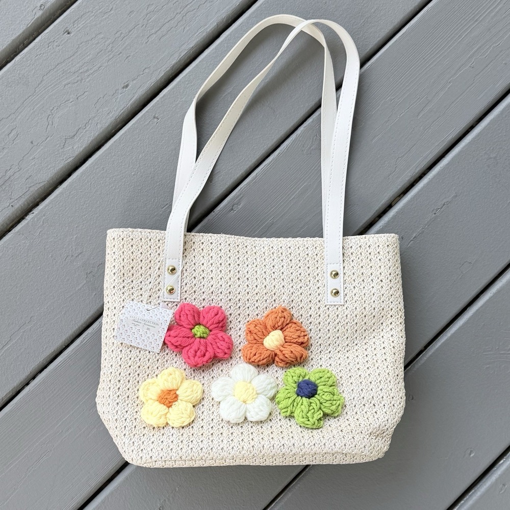 Sustainable Crochet Flower Tote Eco Paper Straw Bag Colorful Summer Resort Purse